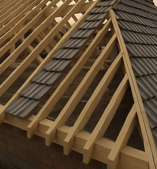Détail de chevrons neufs en bois clair assemblés sur la sablière