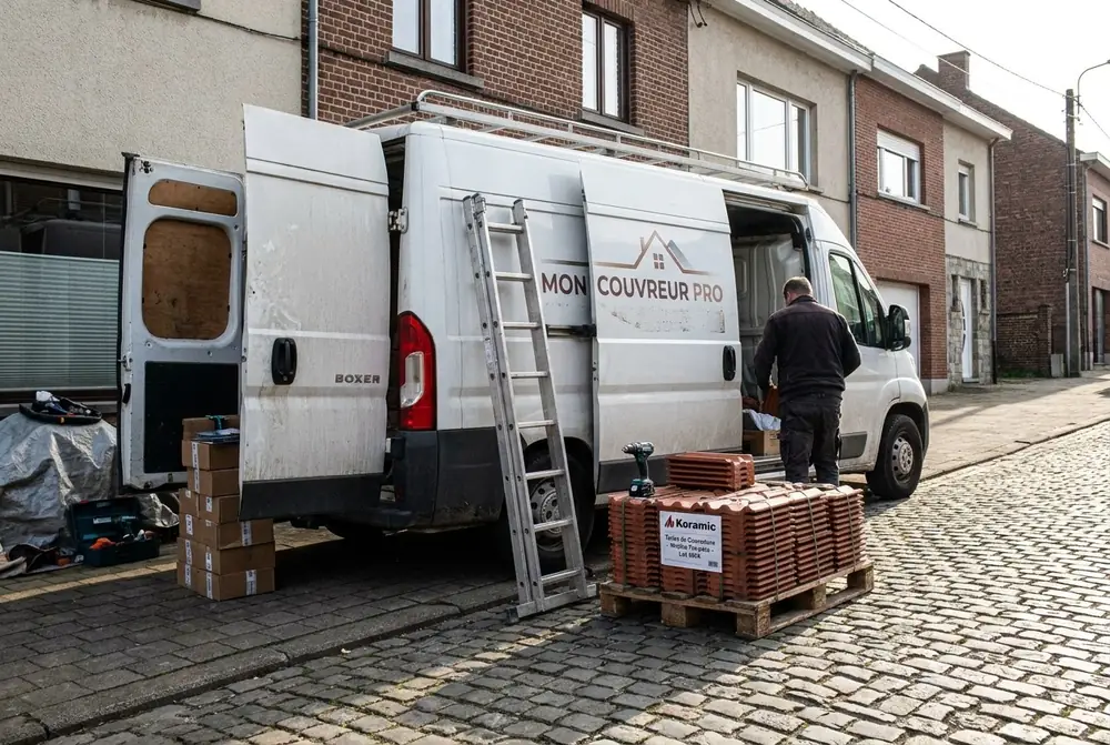 Camionnette blanche Mon Couvreur Pro dans une rue pavée, palette de tuiles et échelle devant les portes arrière