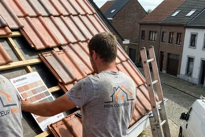 Couvreur tenant un nuancier de tuiles contre la couverture existante